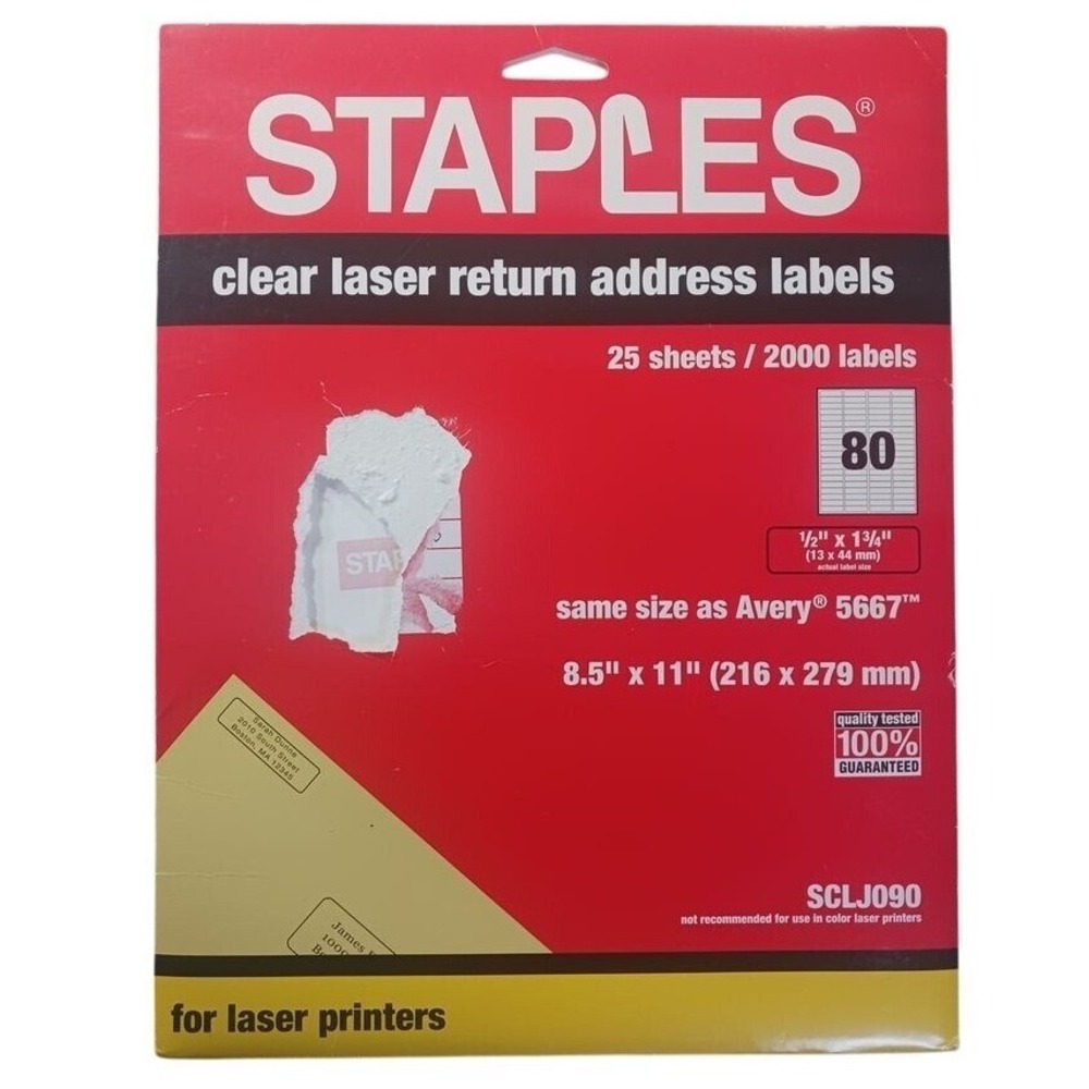 Staples Clear‎ Laser Return Address Labels 2000 Ct 25 Sheets Avery 5667 READ